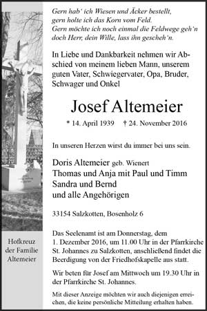 Zeitung Anzeige von Josef Altemeier