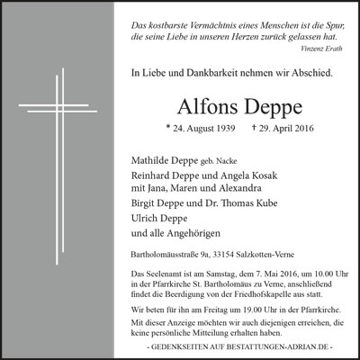 Zeitung Anzeige Alfons Deppe