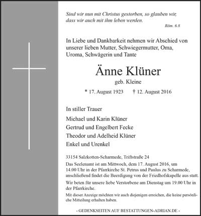 Zeitung Anzeige von Änne Klüner