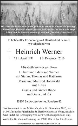 Zeitung Anzeige von Heinrich Werner