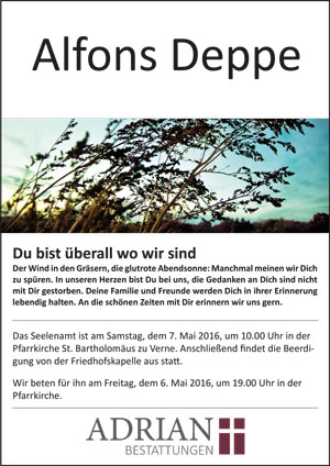 Kondolenz Foto Alfons Deppe Bestattungshaus Adrian Salzkotten