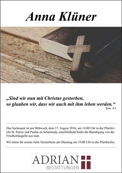 Kondolenz Foto Änne Klüner Bestattungshaus Adrian Salzkotten